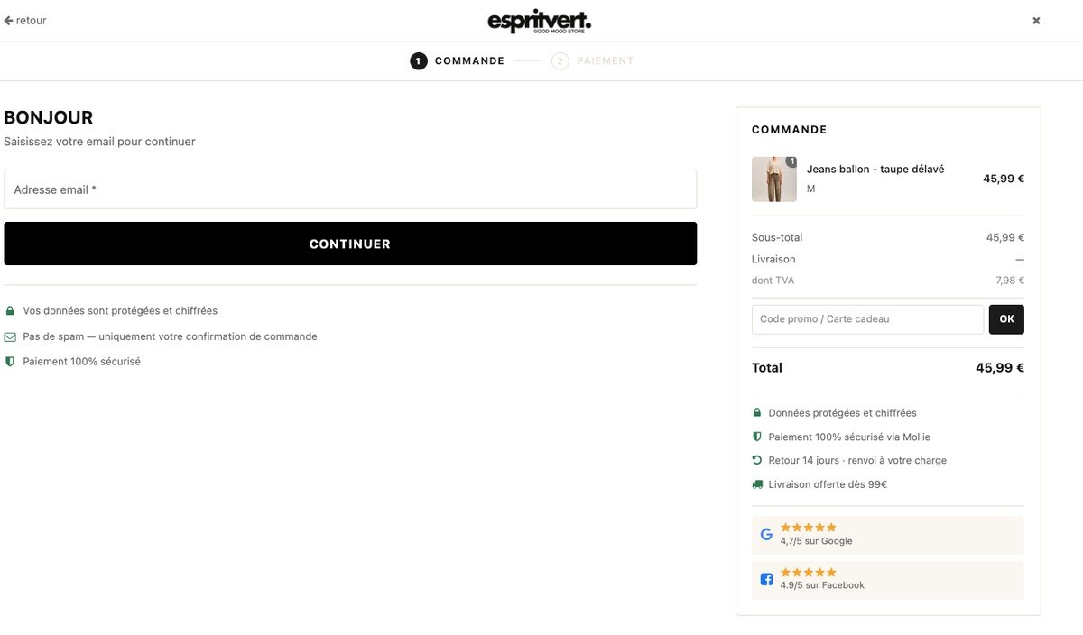 Première étape du tunnel de commande Odoo : saisie de l'adresse e-mail, récapitulatif de commande, code promo et éléments de réassurance
