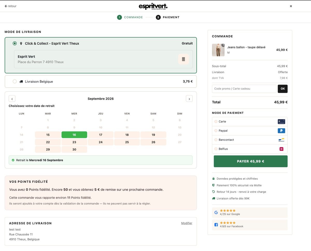 Deuxième étape du tunnel : choix entre Click and Collect gratuit et livraison, calendrier de date de retrait, points de fidélité et moyens de paiement