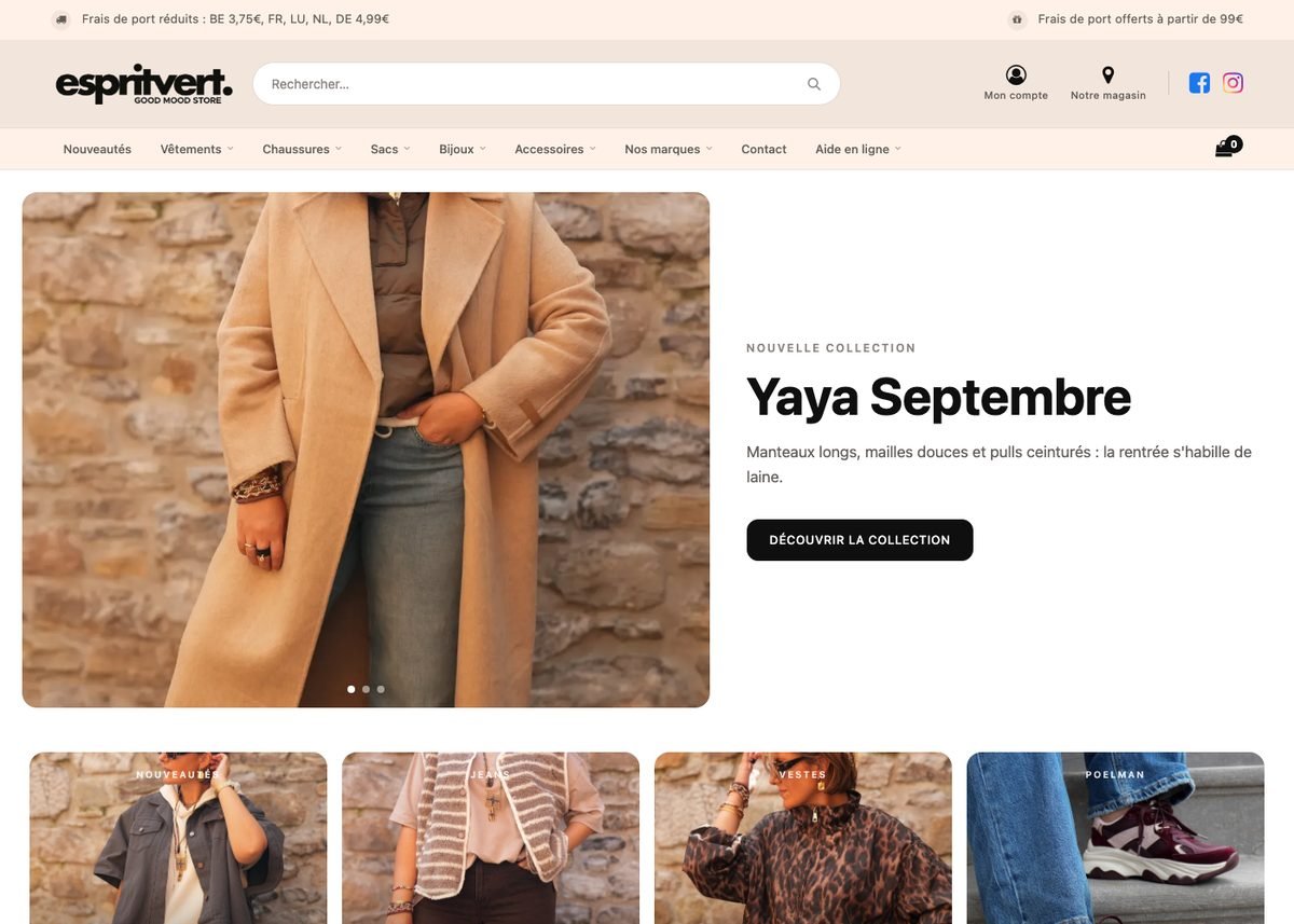 Page d'accueil d'une boutique de prêt-à-porter développée dans Odoo 19, avec bandeau de collection et mosaïque de rayons