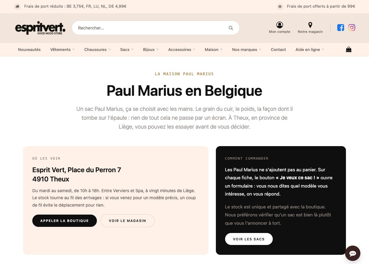 Page de marque dans Odoo : présentation de la maison, adresse et horaires du magasin, explication du mode de commande sur demande