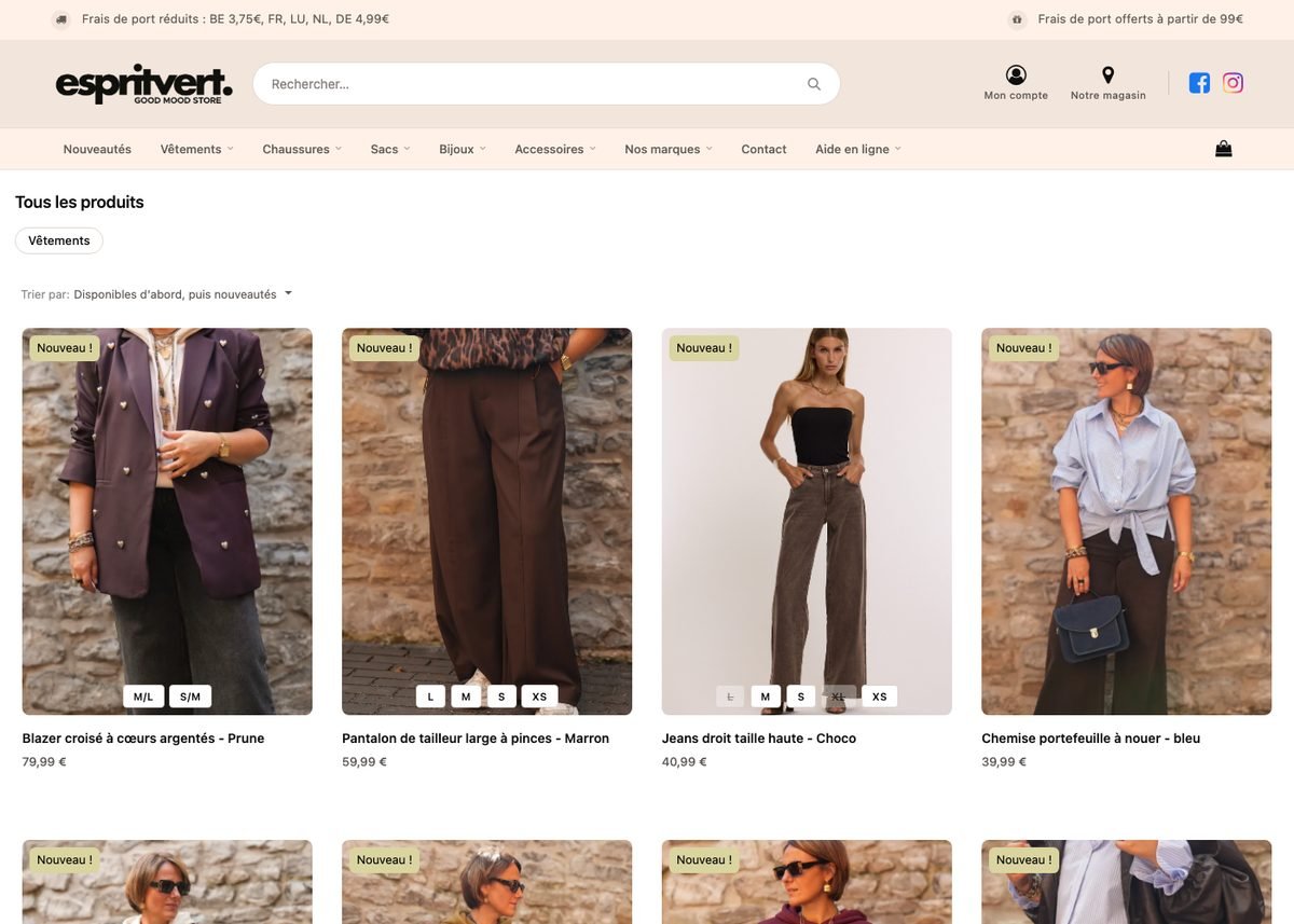 Page de rayon Odoo avec tri par disponibilité, tailles disponibles au survol et pastilles de nouveauté