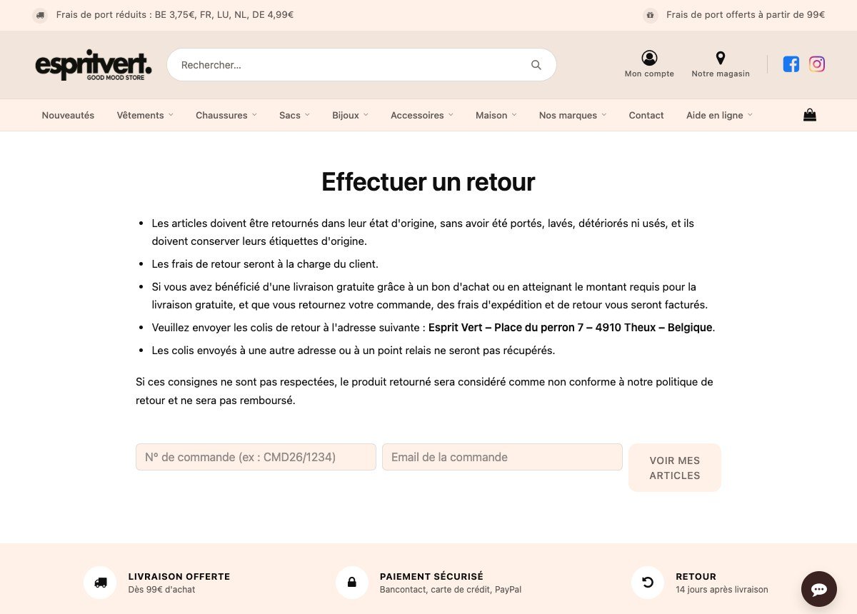 Page de retour commercial : conditions de reprise, adresse d'expédition, puis recherche de la commande par numéro et adresse e-mail