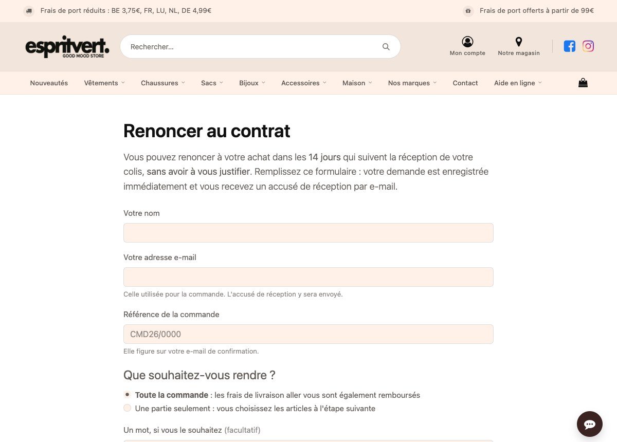 Formulaire de rétractation en ligne : nom, adresse e-mail, référence de commande, choix entre commande entière ou partielle et commentaire facultatif